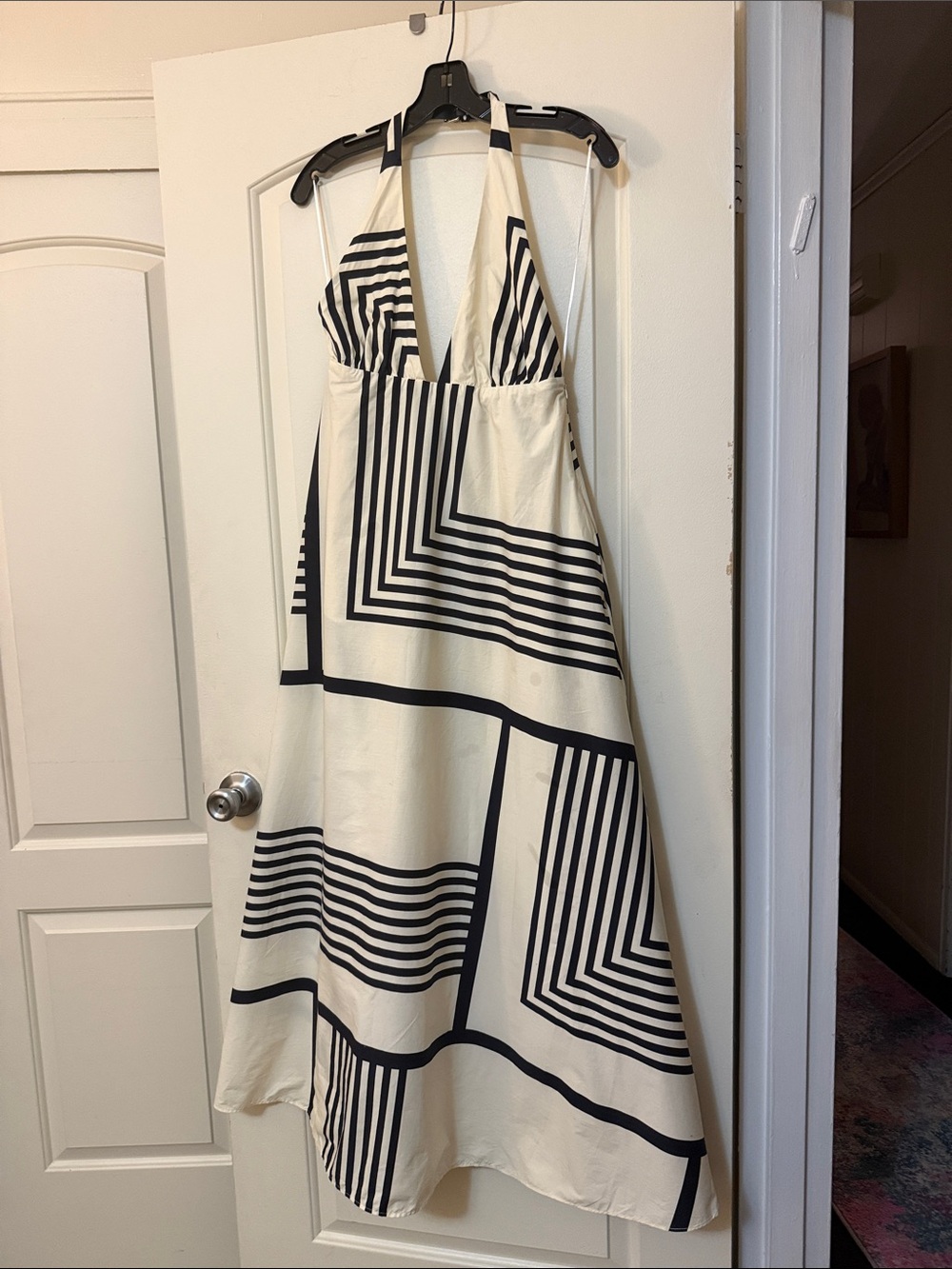 Zara Cream and Black Geometric Halter Maxi Dress
